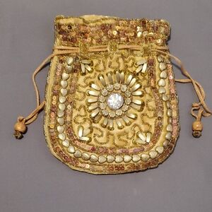 Handmade Sequined & Beaded Gold Bucket Drawstring Purse/Bag/Wristlet